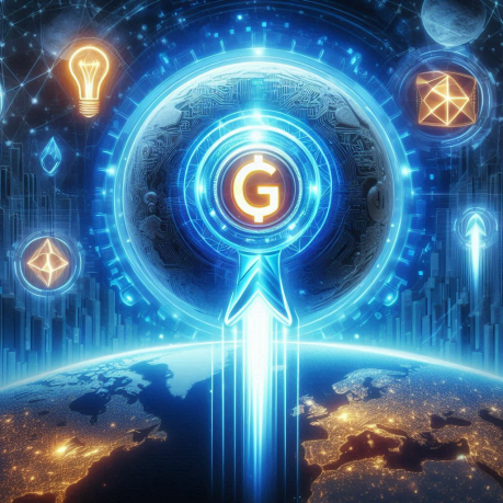 The \'g\' character with surrounding icons, showcasing the Momentum Glow AI Trading App\'s innovative trading tools.